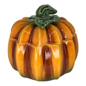 Vintage Olfaire Hand Painted Ceramic Pumpkin Crock w/ Lid